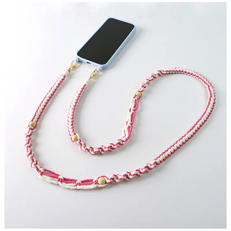 Hand-woven cotton mobile phone charm crossbody strap with alloy connectors in bohemian vintage pastoral style, available in multiple colours.