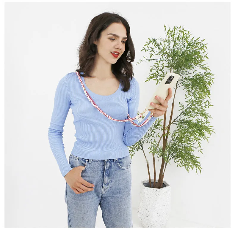 Hand-woven cotton mobile phone charm crossbody strap with alloy connectors in bohemian vintage pastoral style, available in multiple colours.