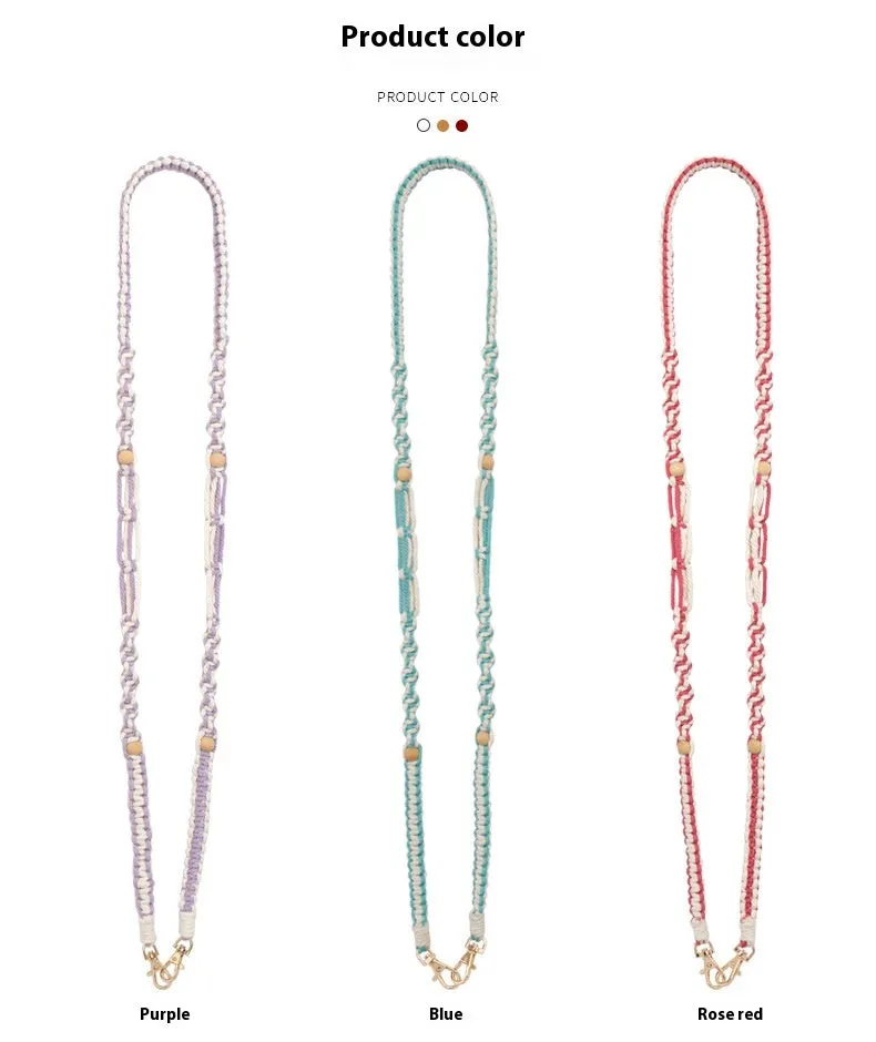 Hand-woven cotton mobile phone charm crossbody strap with alloy connectors in bohemian vintage pastoral style, available in multiple colours.