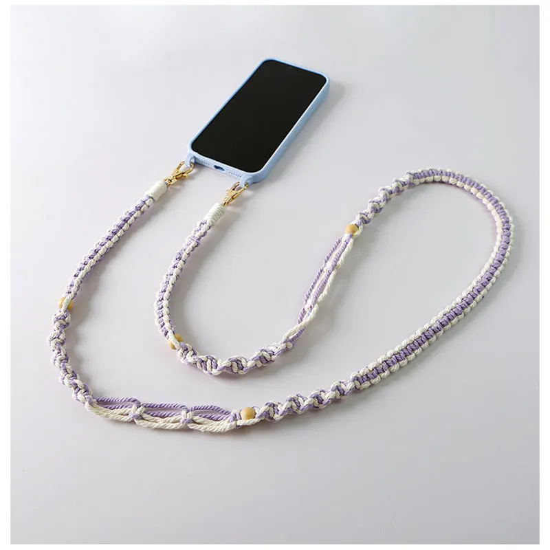 Hand-woven cotton mobile phone charm crossbody strap with alloy connectors in bohemian vintage pastoral style, available in multiple colours.