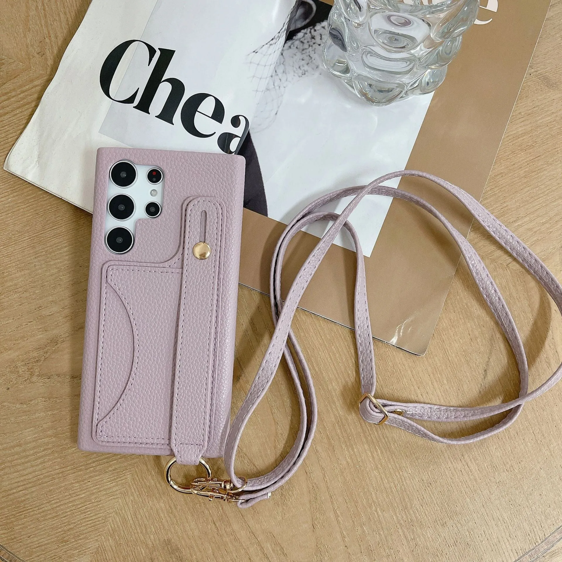 Card holder phone case with frosted finish and mirror detail in light khaki colour