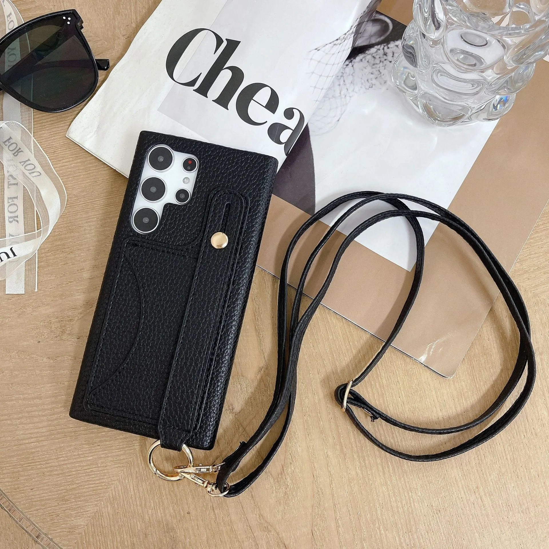 Card holder phone case with frosted finish and mirror detail in light khaki colour