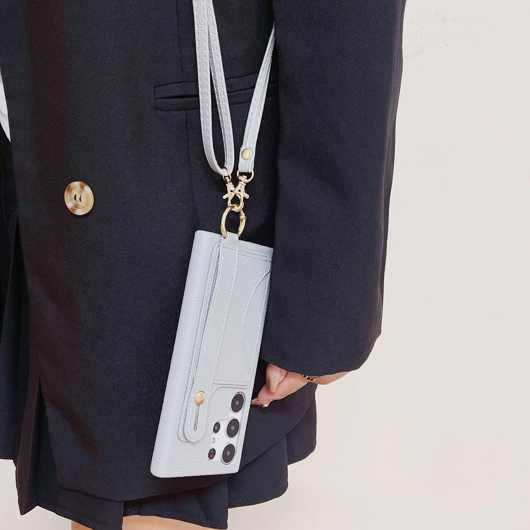 Card holder phone case with frosted finish and mirror detail in light khaki colour