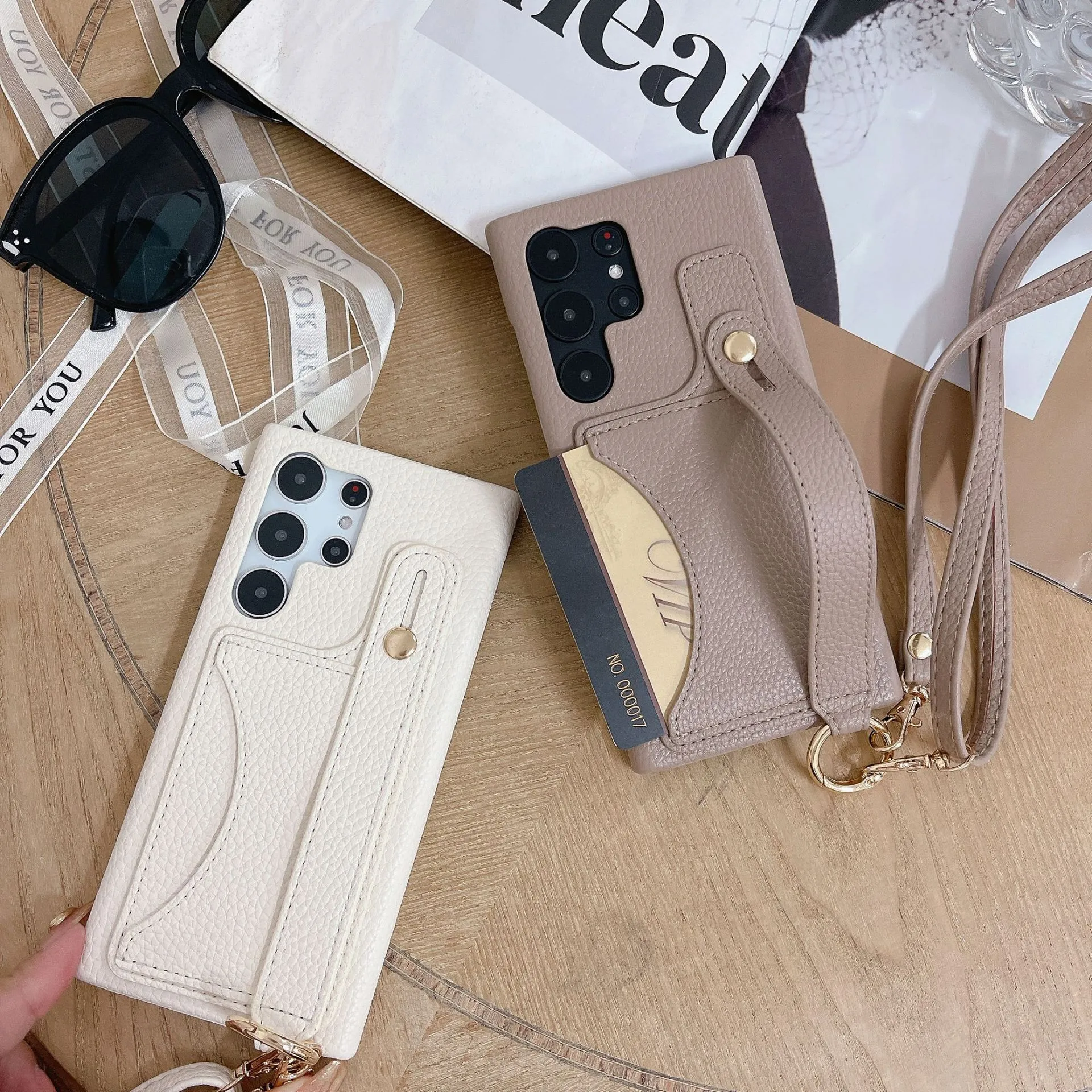 Card holder phone case with frosted finish and mirror detail in light khaki colour