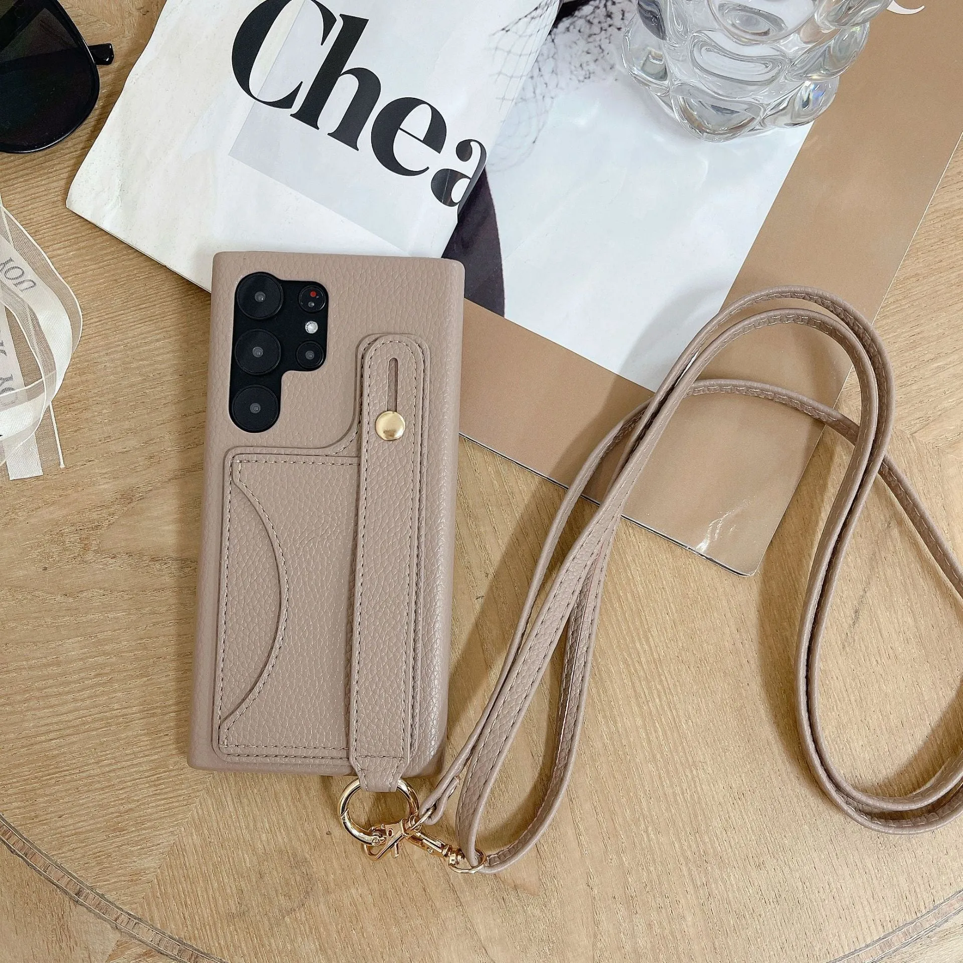 Card holder phone case with frosted finish and mirror detail in light khaki colour
