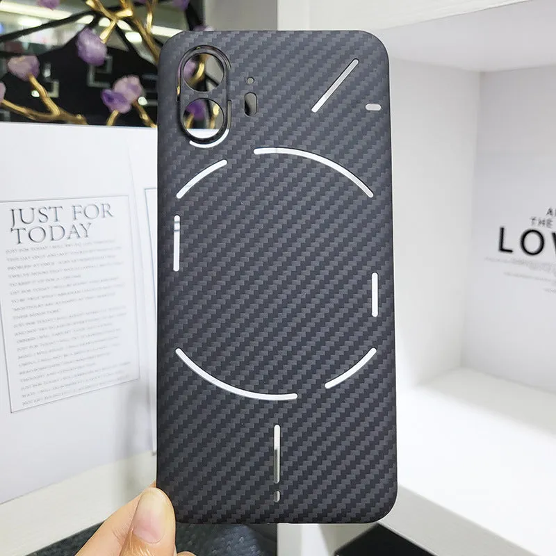 Real aramid fiber phone case in matte black hollow finish for Nothing Phone 2 with plaid texture