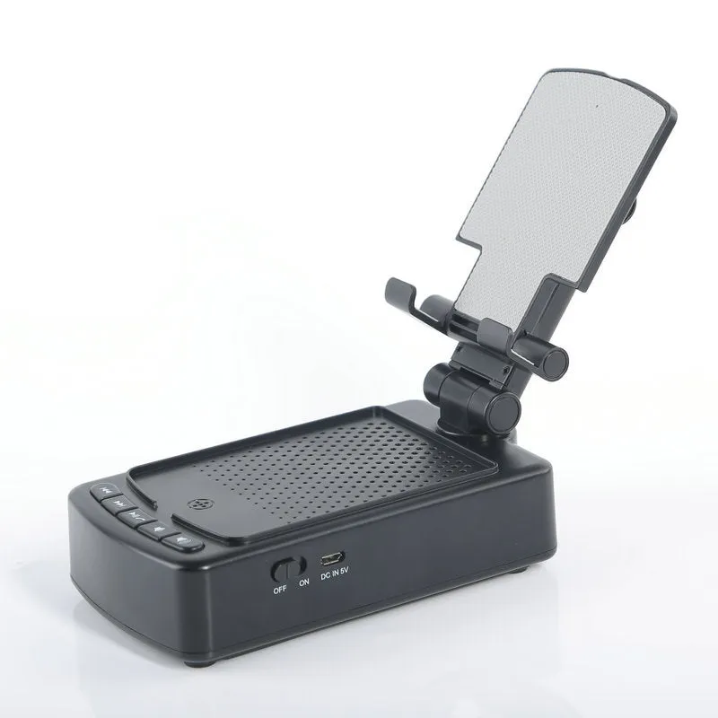 Multifunctional plastic tablet and phone holder in black with Bluetooth-compatible audio