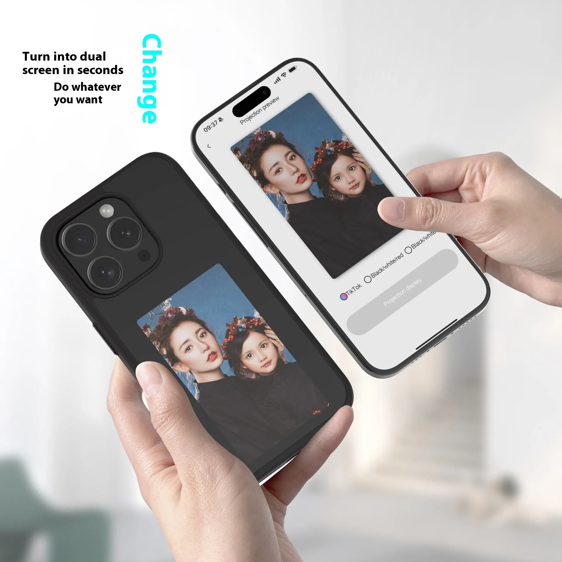 TPU DIY projection screen phone case with mirror finish in black four colours for iPhone 15 Pro Max