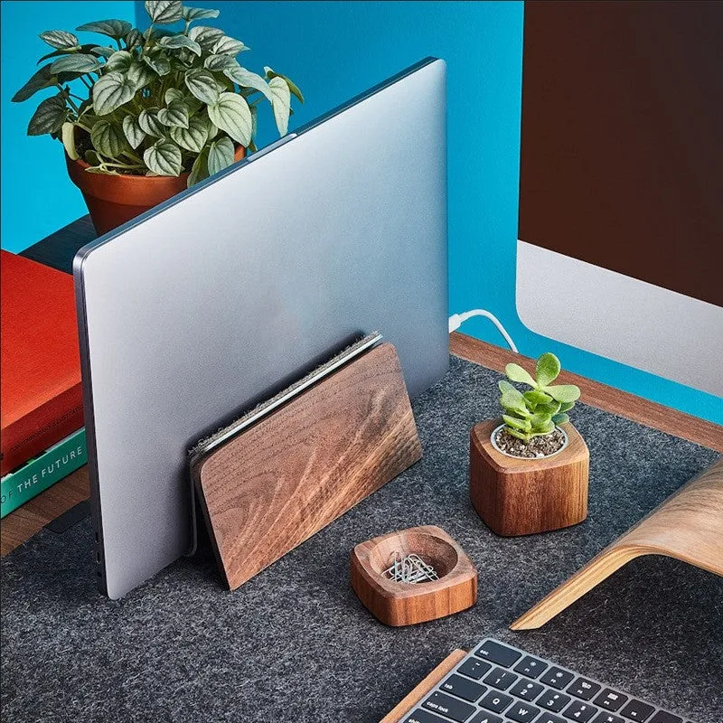 Walnut solid wood laptop stand on desk with universal fit and compact size