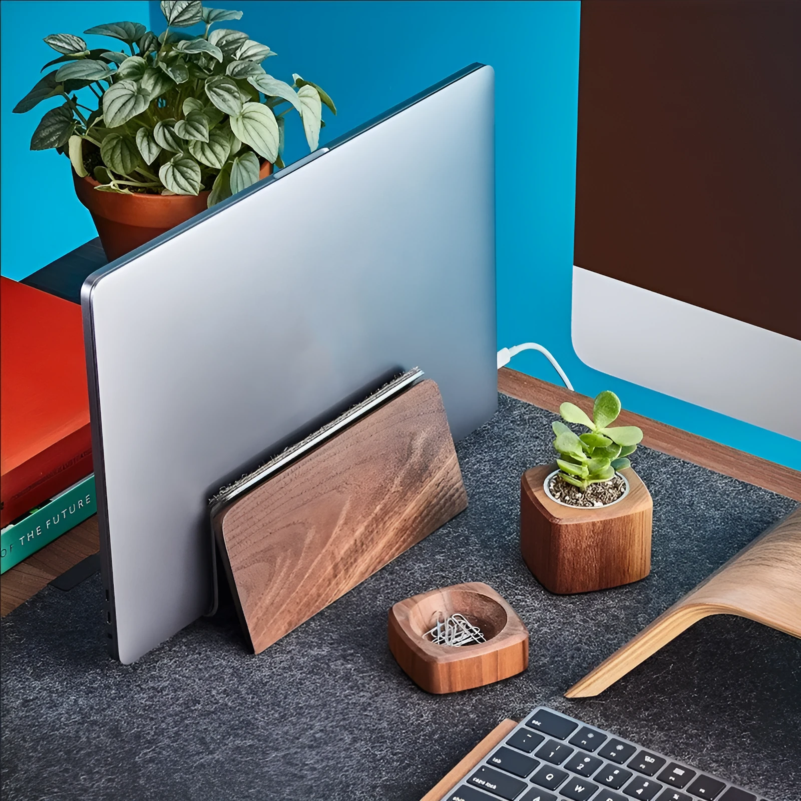 Walnut solid wood laptop stand on desk with universal fit and compact size