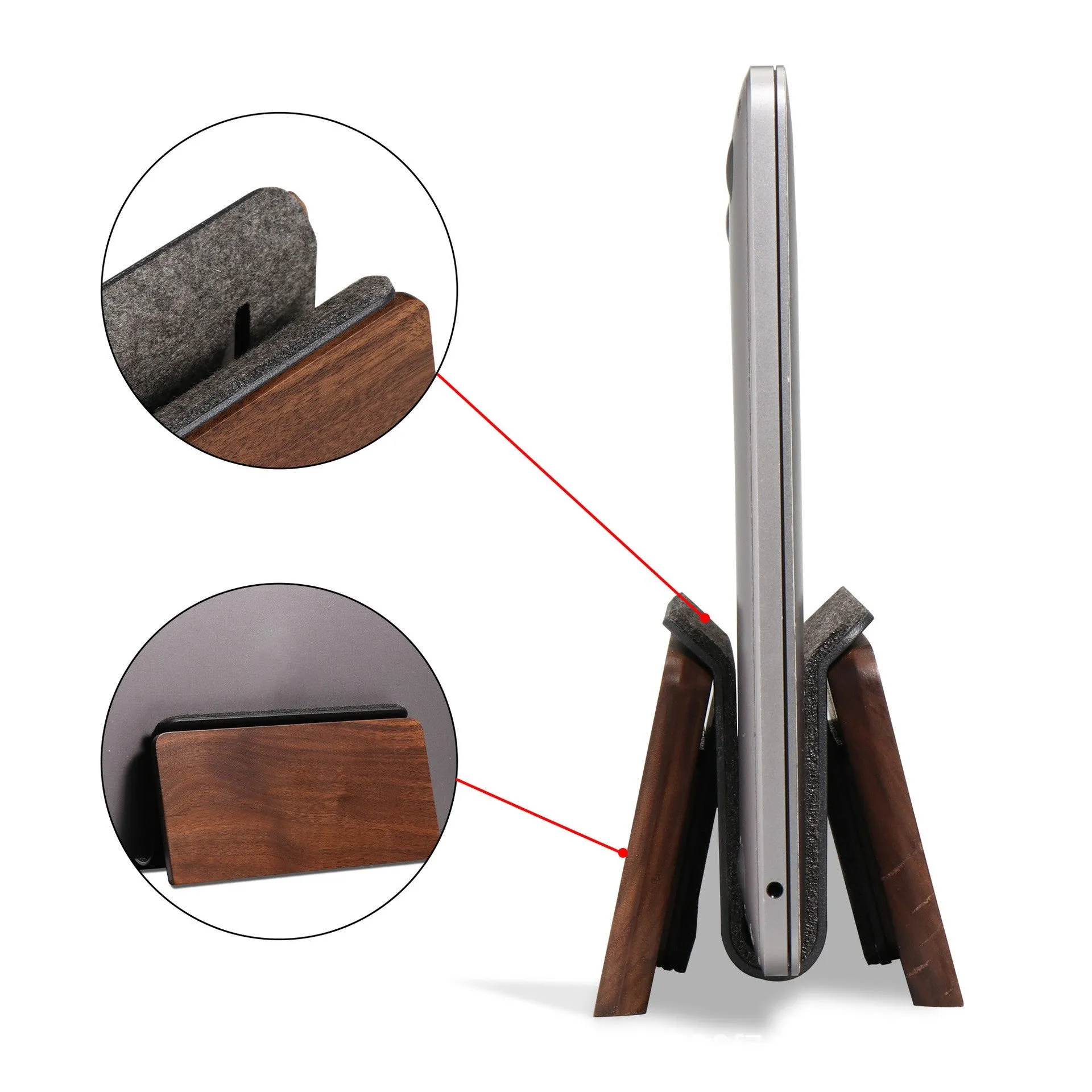 Walnut solid wood laptop stand on desk with universal fit and compact size
