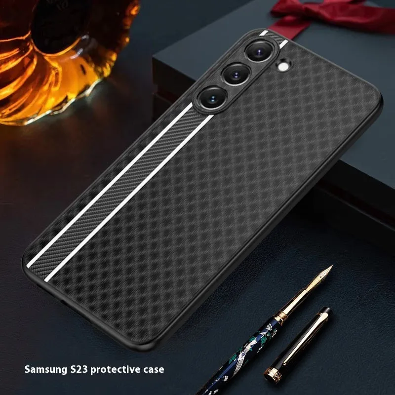 Ultra-thin carbon fibre plain leather phone case back cover for Samsung S24 with black stripe pattern