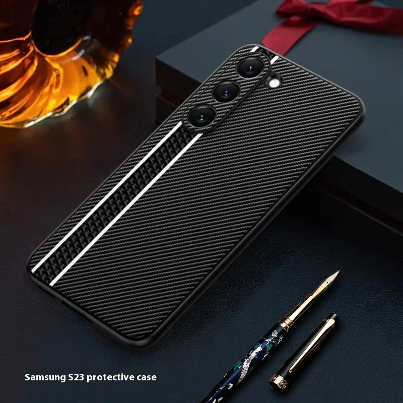 Ultra-thin carbon fibre plain leather phone case back cover for Samsung S24 with black stripe pattern