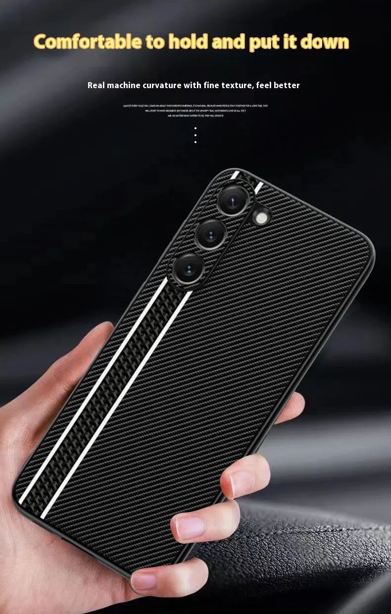 Ultra-thin carbon fibre plain leather phone case back cover for Samsung S24 with black stripe pattern