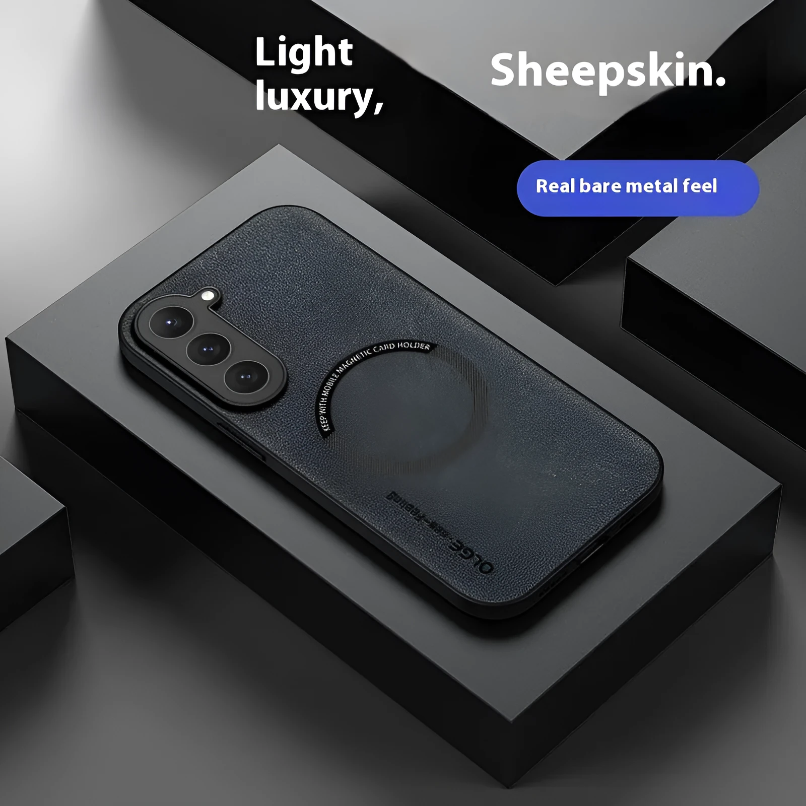 Samsung Galaxy phone case with magnetic ring in Graphite Black imitation leather back cover