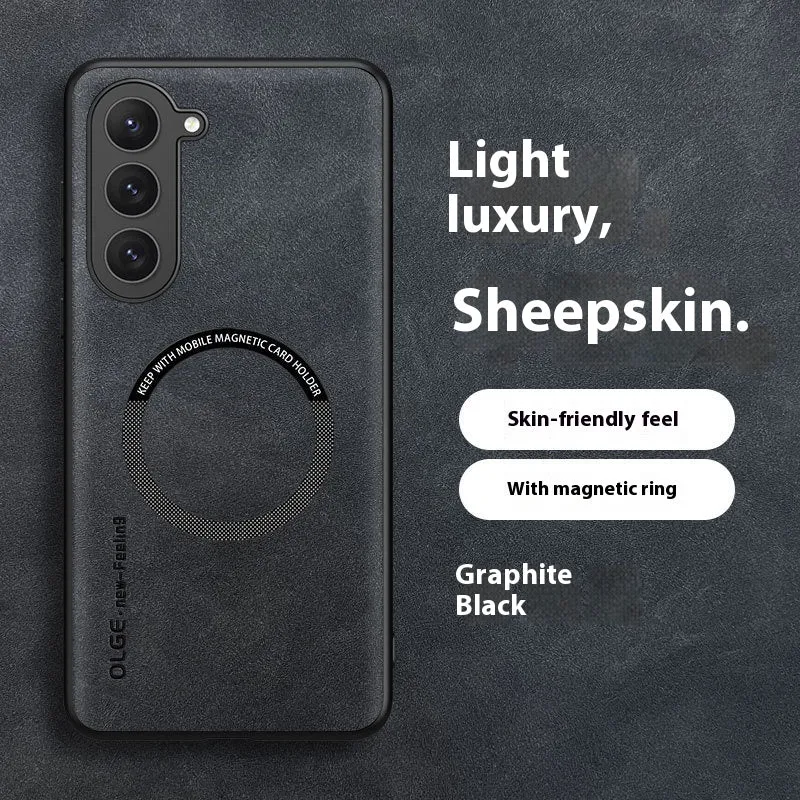 Samsung Galaxy phone case with magnetic ring in Graphite Black imitation leather back cover