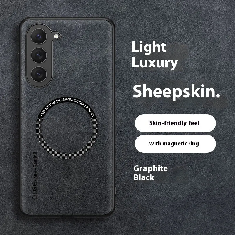Samsung Galaxy phone case with magnetic ring in Graphite Black imitation leather back cover