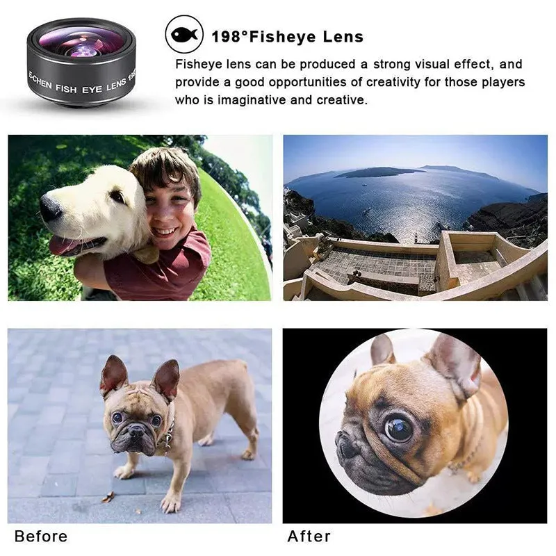 Ten-in-one external camera lens kit with fisheye, wide-angle, and macro lenses on smartphone