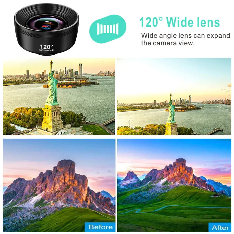 Ten-in-one external camera lens kit with fisheye, wide-angle, and macro lenses on smartphone