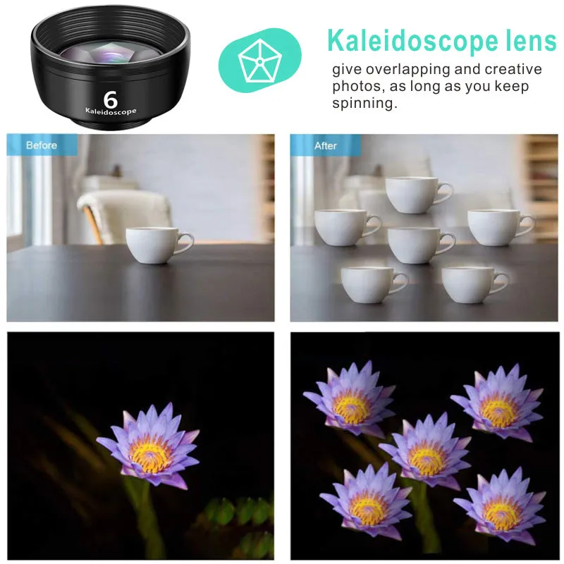 Ten-in-one external camera lens kit with fisheye, wide-angle, and macro lenses on smartphone