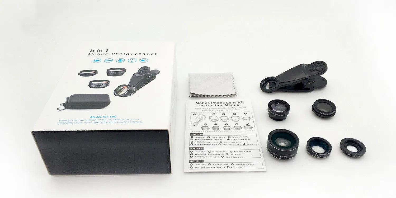 Ten-in-one external camera lens kit with fisheye, wide-angle, and macro lenses on smartphone