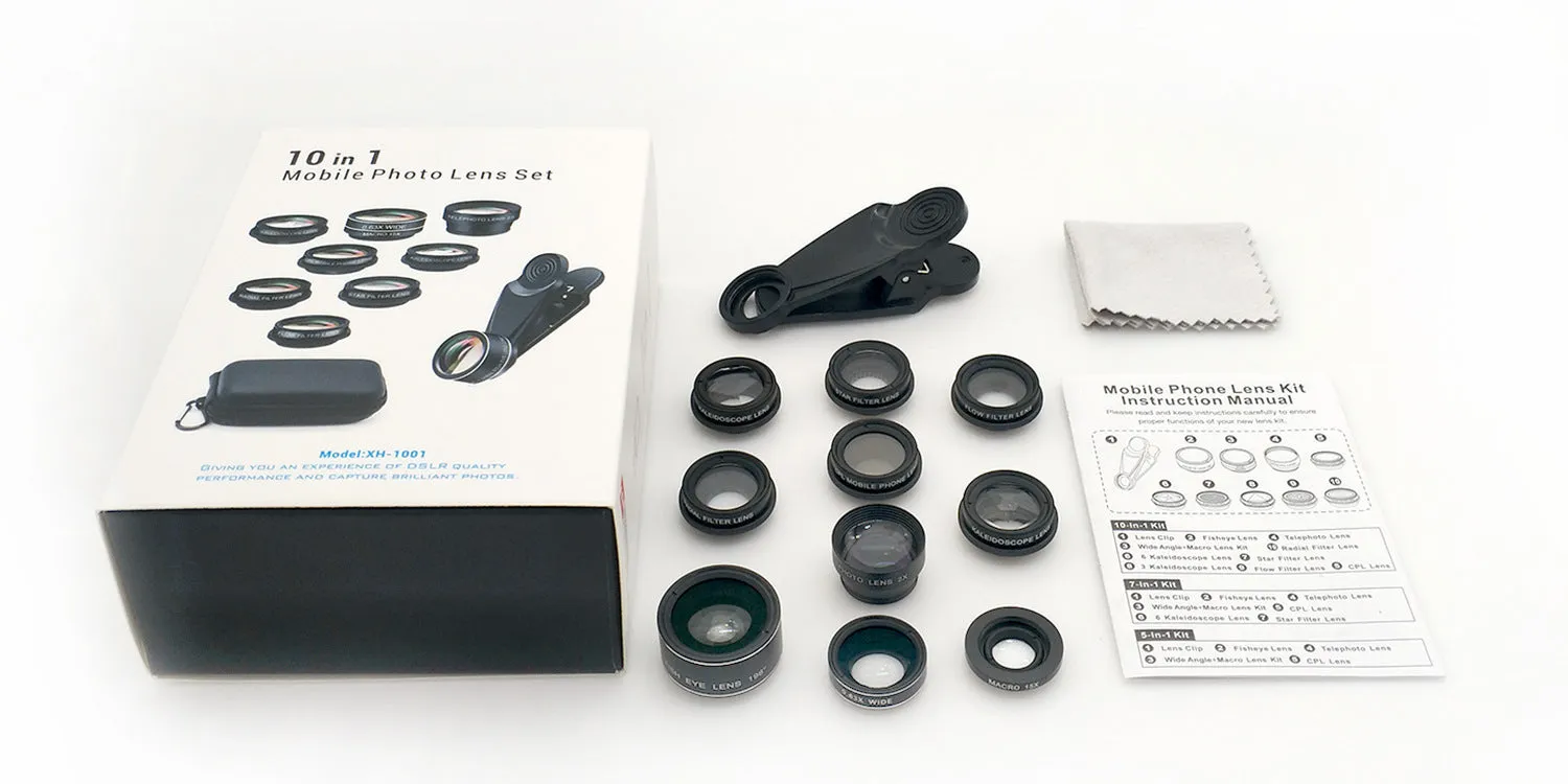 Ten-in-one external camera lens kit with fisheye, wide-angle, and macro lenses on smartphone