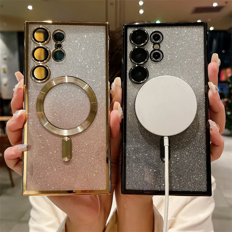 TPU magnetic gradient glitter phone case for Samsung S23 Ultra in gradient flash finish showing rainbow colours
