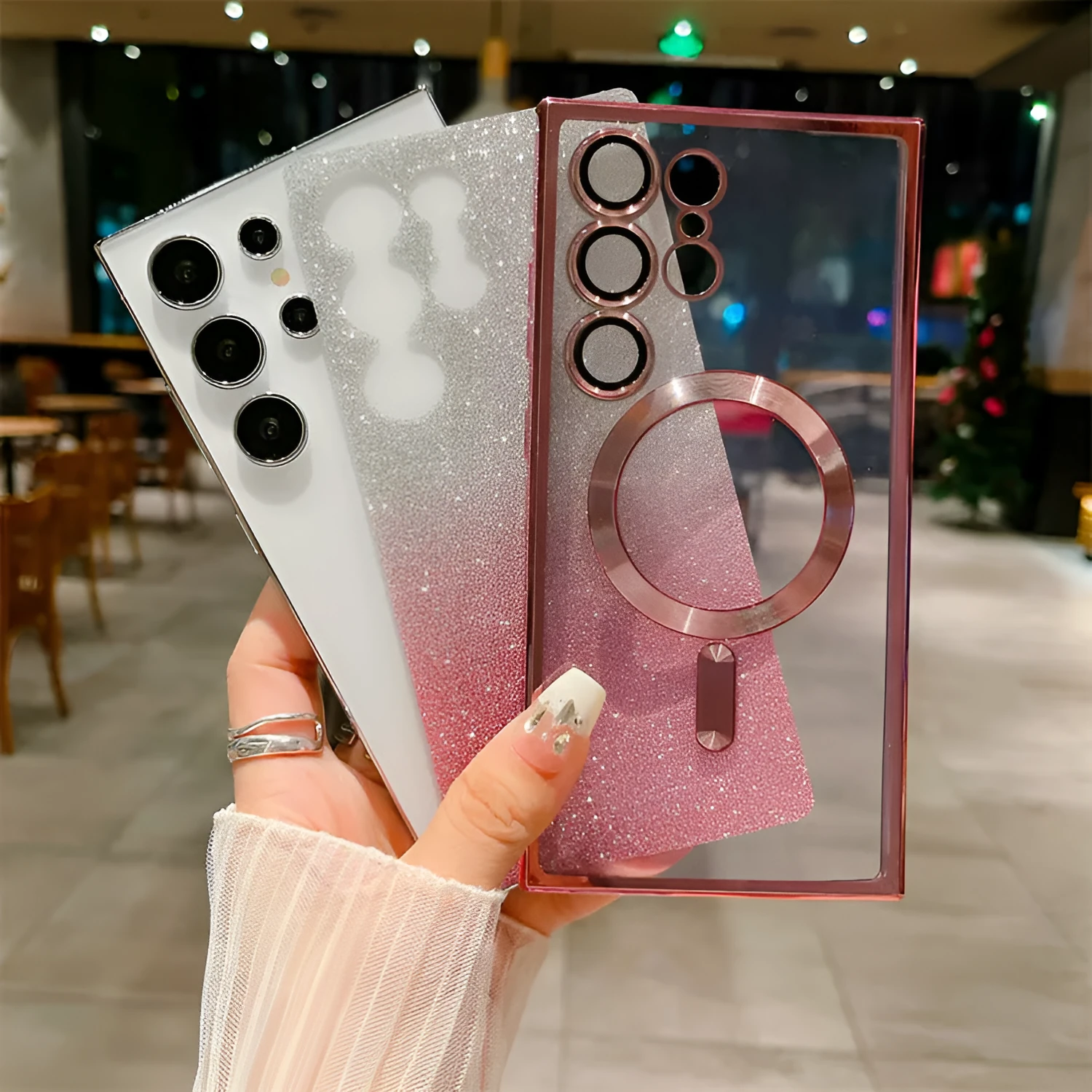 TPU magnetic gradient glitter phone case for Samsung S23 Ultra in gradient flash finish showing rainbow colours
