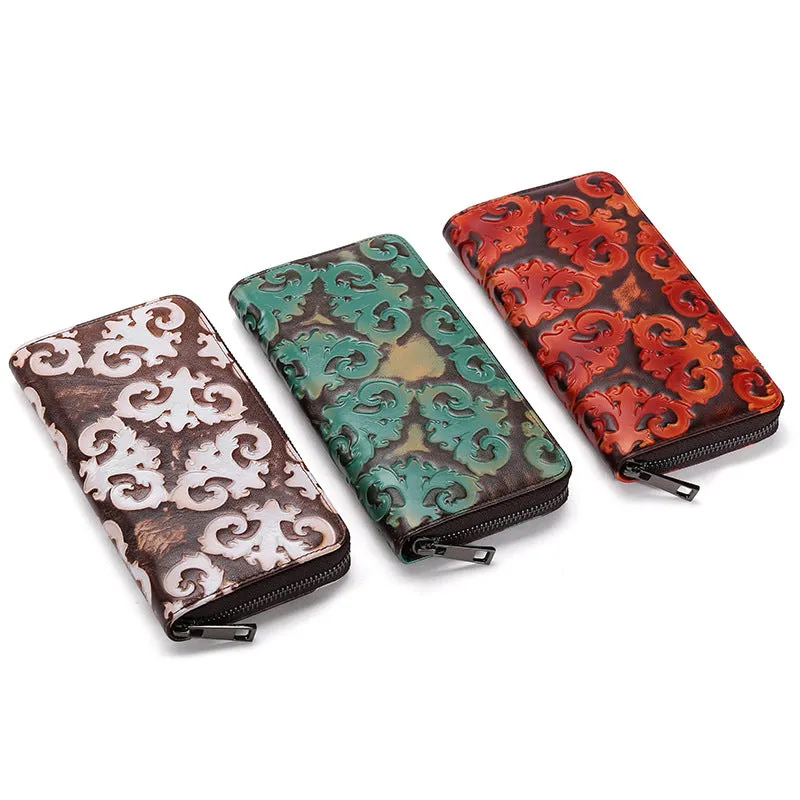 Brushed genuine leather women's retro wallet in brown white with embossed floral pattern and horizontal square shape.