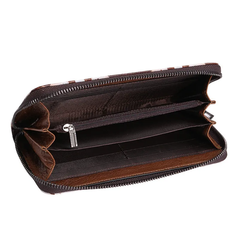 Brushed genuine leather women's retro wallet in brown white with embossed floral pattern and horizontal square shape.