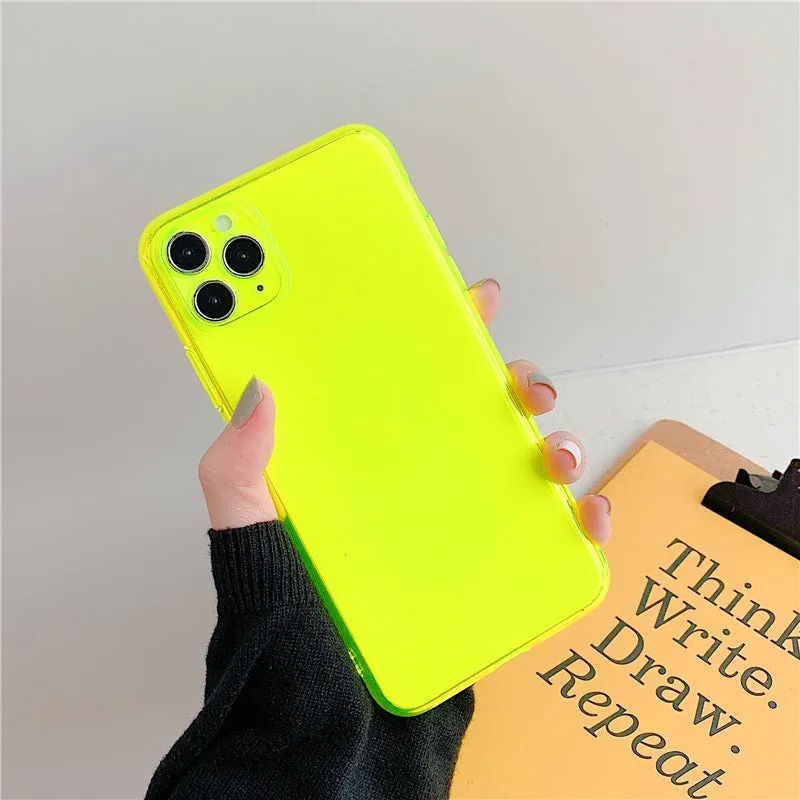 Transparent fluorescent TPU phone case in orange for iPhone 15 Pro Max showing slim back cover design