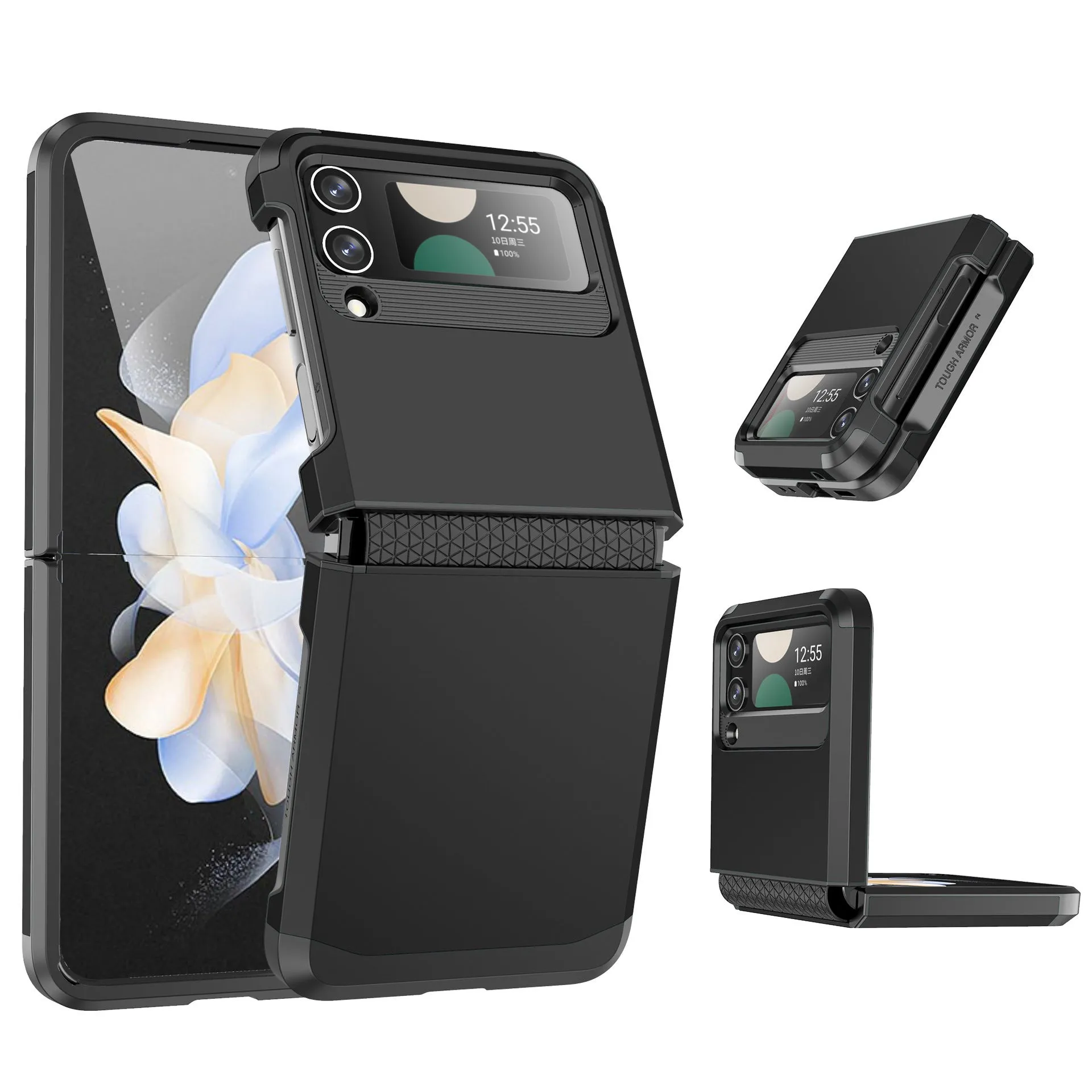 Armour hinge integrated hard PC protective case for Samsung Z Flip showing hinge coverage and contrast colour finish.
