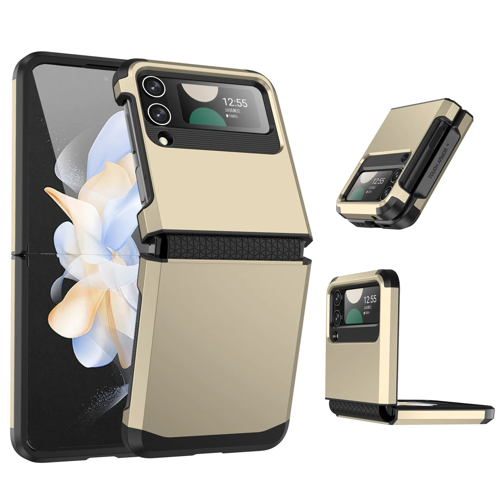Armour hinge integrated hard PC protective case for Samsung Z Flip showing hinge coverage and contrast colour finish.