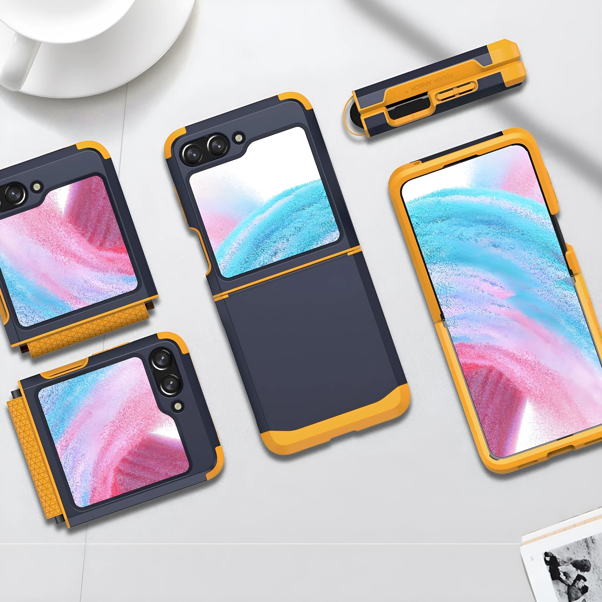 Armour hinge integrated hard PC protective case for Samsung Z Flip showing hinge coverage and contrast colour finish.