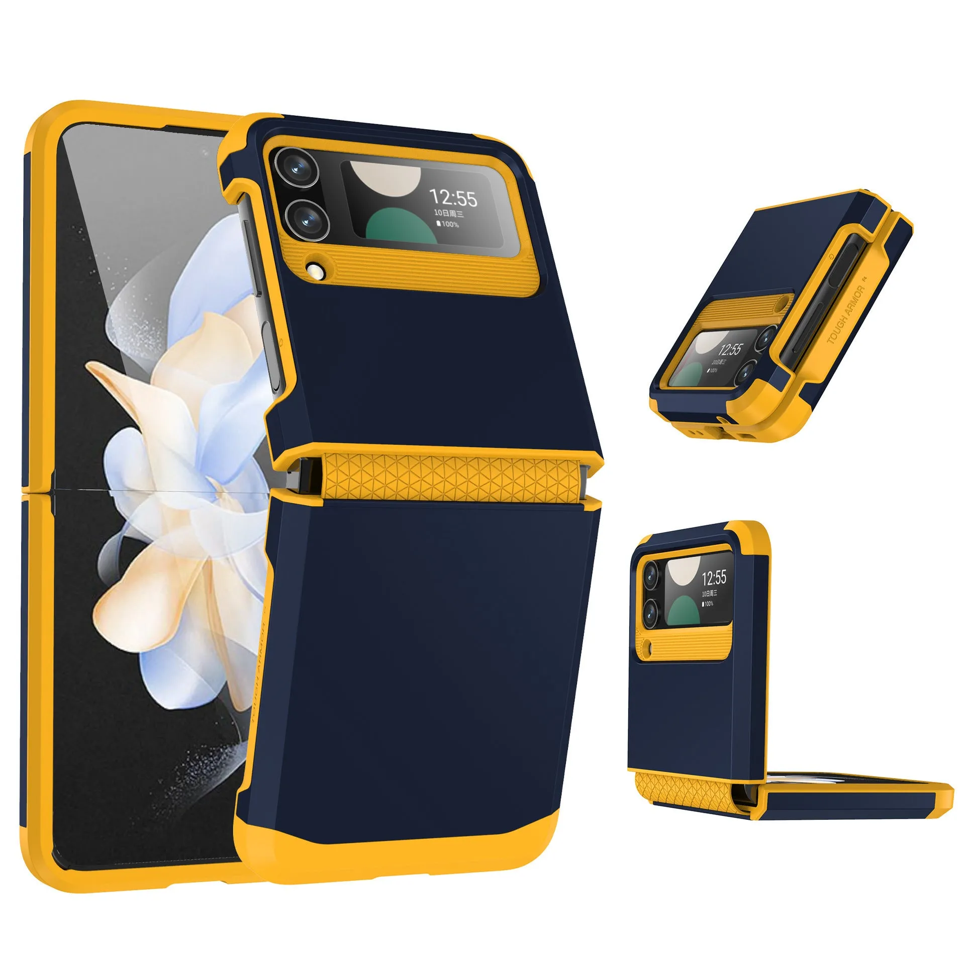 Armour hinge integrated hard PC protective case for Samsung Z Flip showing hinge coverage and contrast colour finish.
