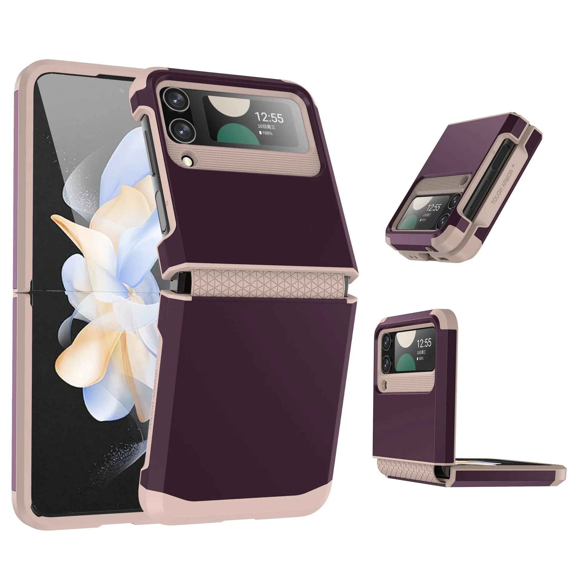 Armour hinge integrated hard PC protective case for Samsung Z Flip showing hinge coverage and contrast colour finish.