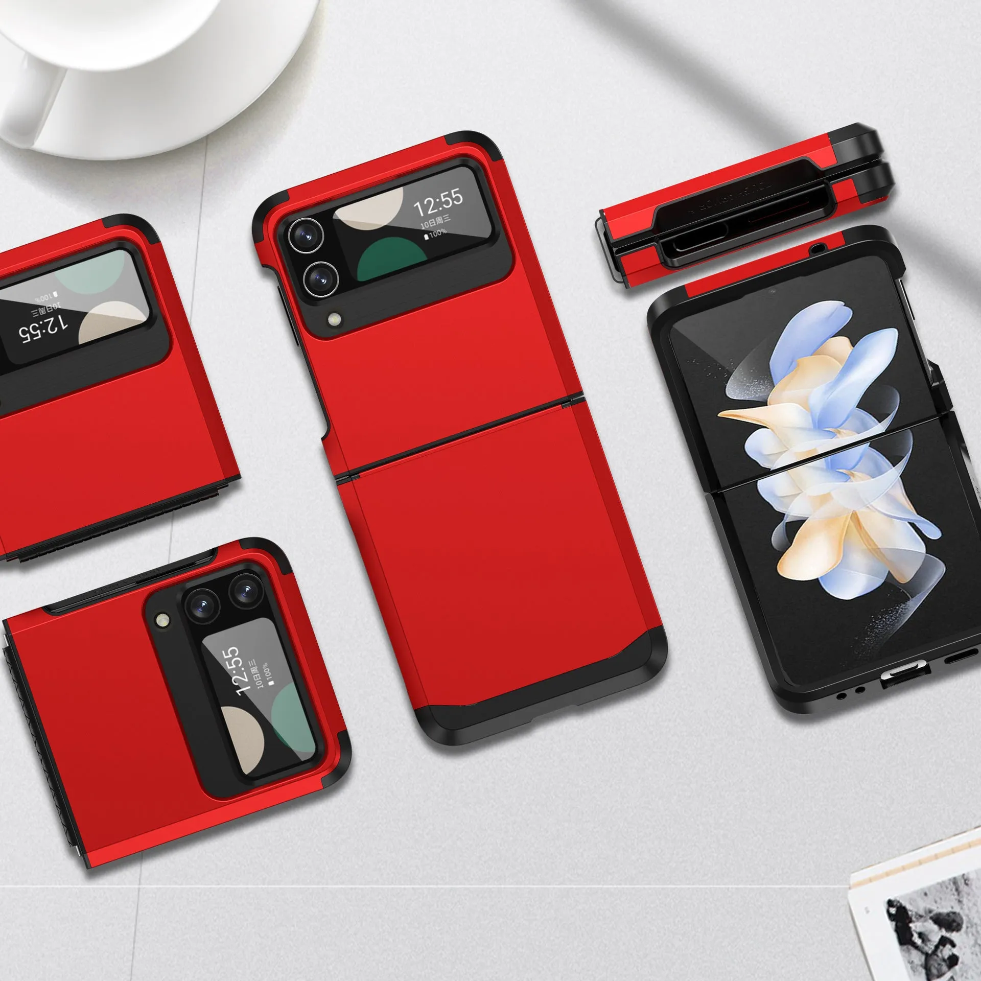 Armour hinge integrated hard PC protective case for Samsung Z Flip showing hinge coverage and contrast colour finish.