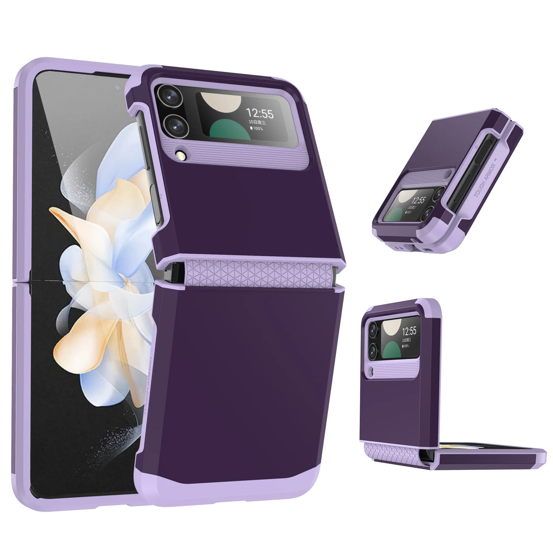 Armour hinge integrated hard PC protective case for Samsung Z Flip showing hinge coverage and contrast colour finish.