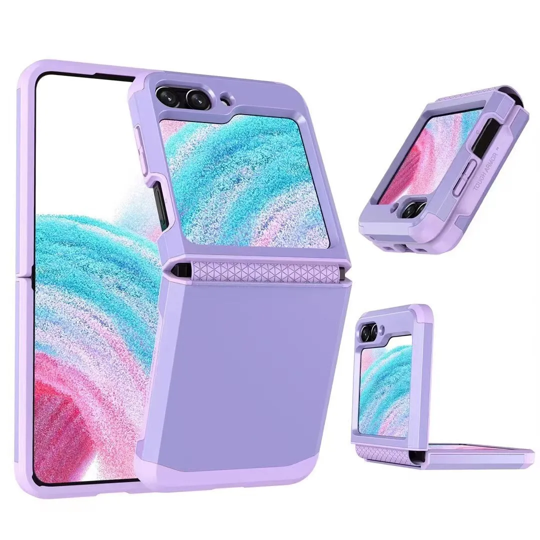 Armour hinge integrated hard PC protective case for Samsung Z Flip showing hinge coverage and contrast colour finish.