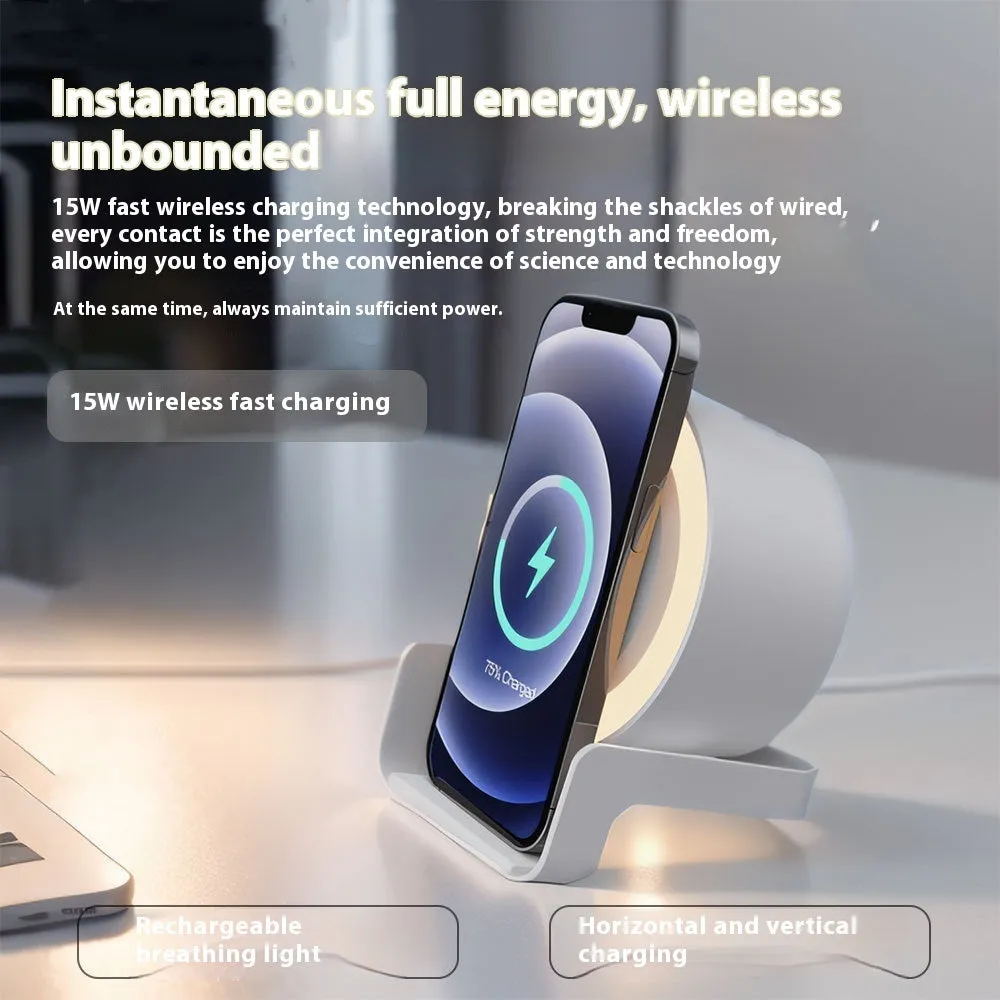Multi-function wireless charger Bluetooth speaker night light phone holder in white, straw, and black colours, 137.5x170x92mm