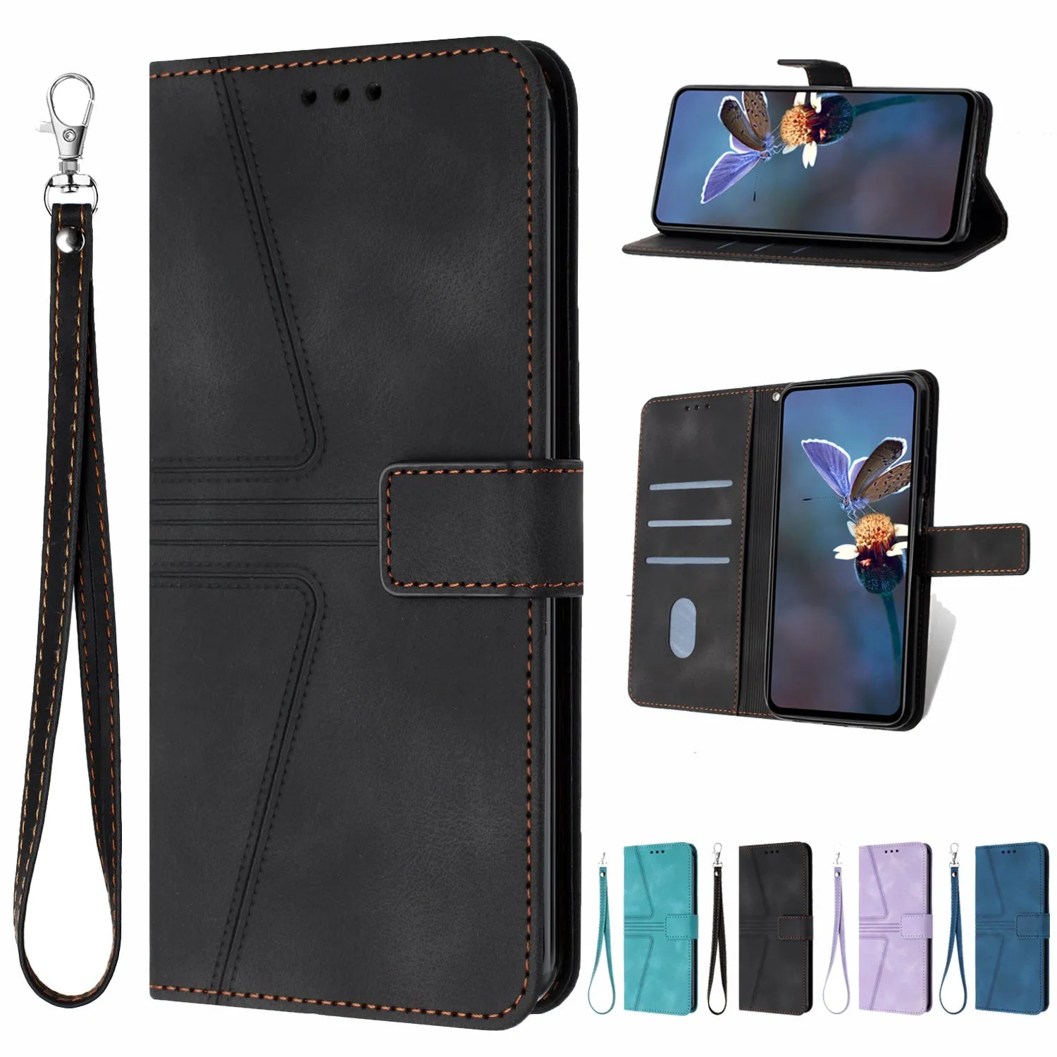 Flip card leather case for Samsung S24 Ultra in blue with embossed geometric lines and short hand strap