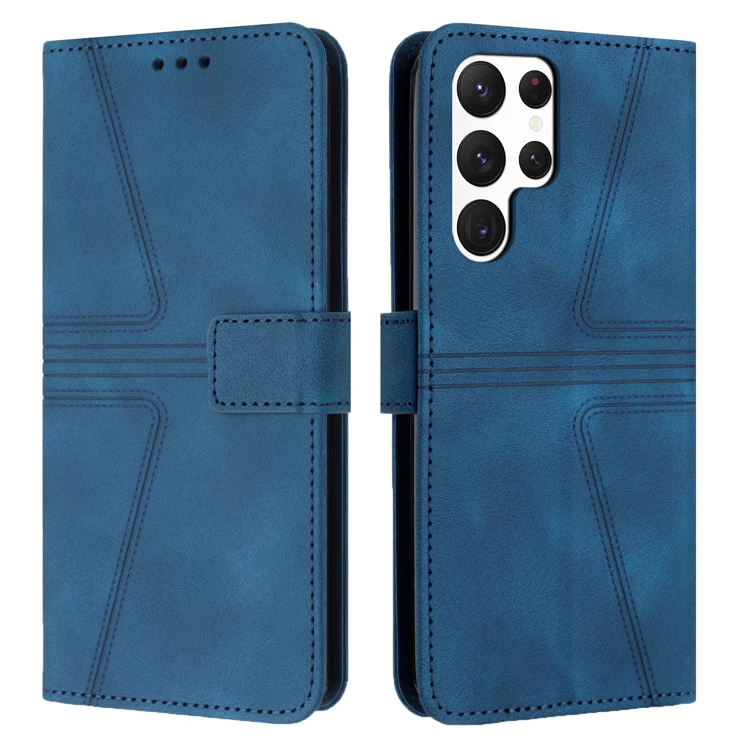 Flip card leather case for Samsung S24 Ultra in blue with embossed geometric lines and short hand strap