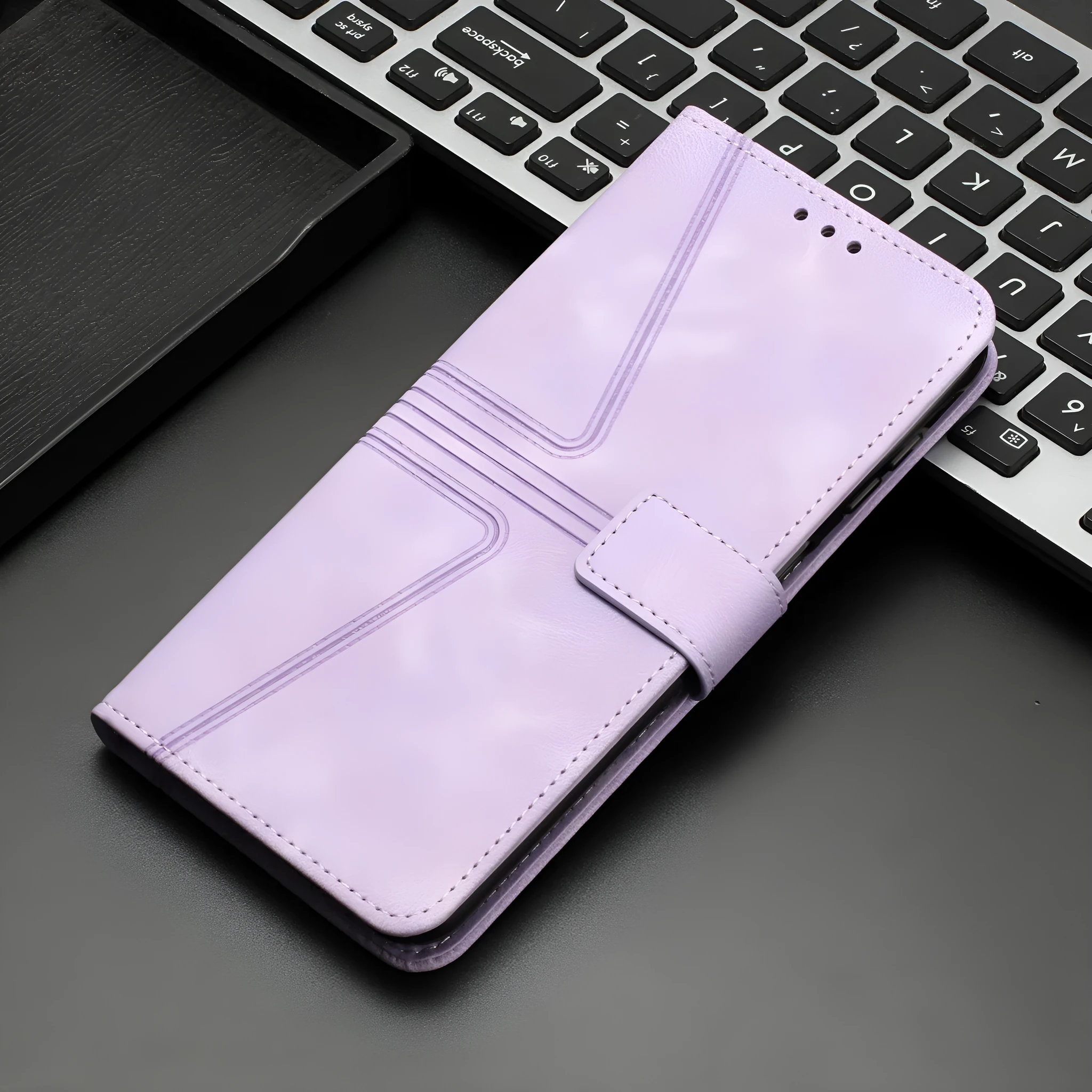 Flip card leather case for Samsung S24 Ultra in blue with embossed geometric lines and short hand strap