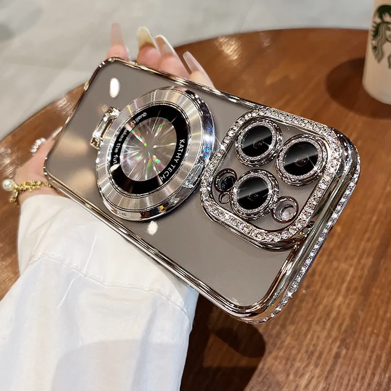 Clear silicone iPhone case with magnetic bracket and electroplated rhinestone detailing in pink colour