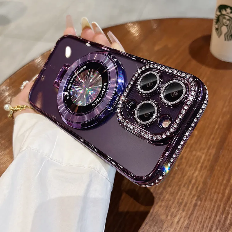 Clear silicone iPhone case with magnetic bracket and electroplated rhinestone detailing in pink colour