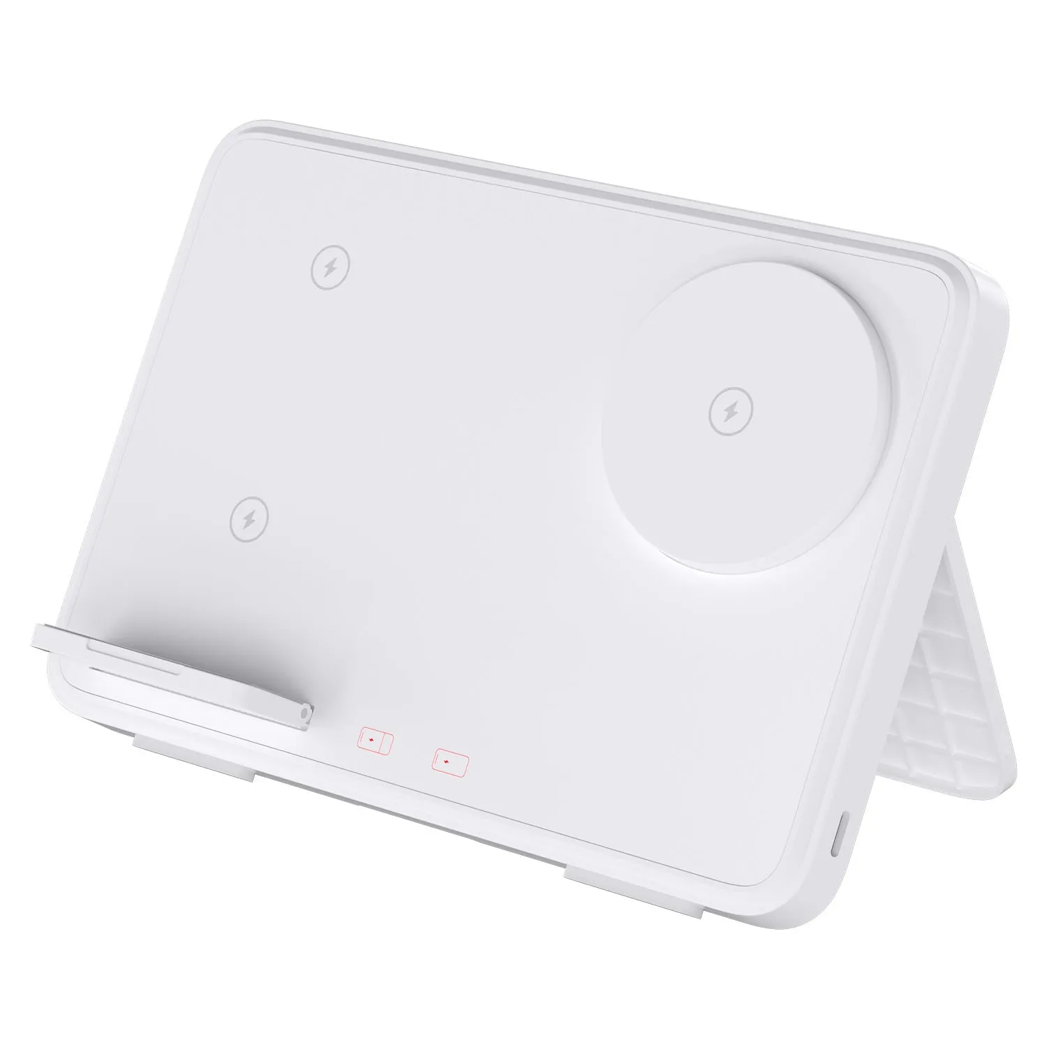 Three-in-one wireless charger in ivory white with a smartphone placed on the charging pad and magnetic support visible