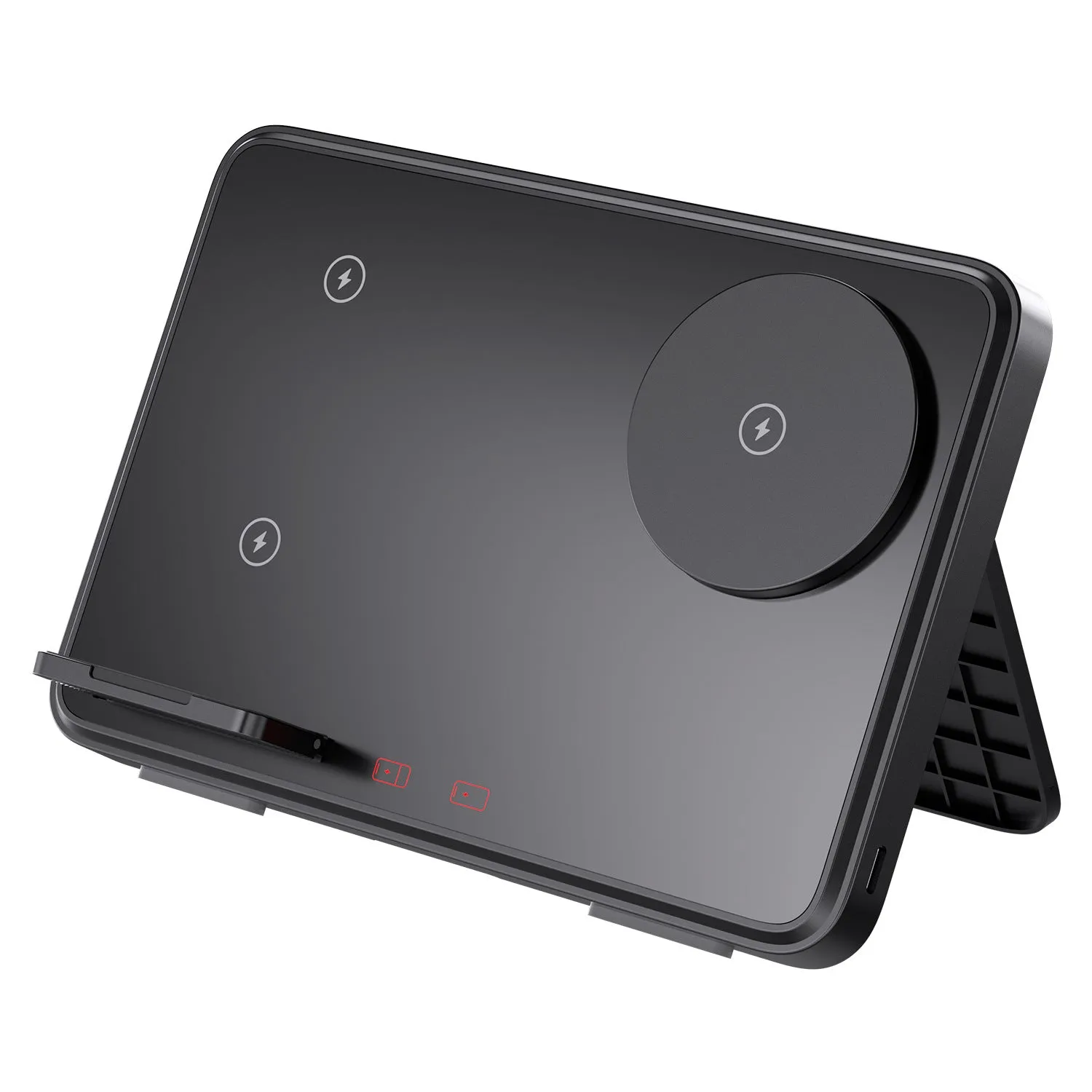 Three-in-one wireless charger in ivory white with a smartphone placed on the charging pad and magnetic support visible