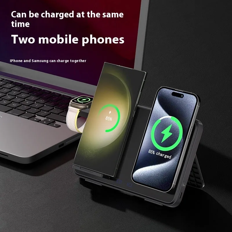 Three-in-one wireless charger in ivory white with a smartphone placed on the charging pad and magnetic support visible