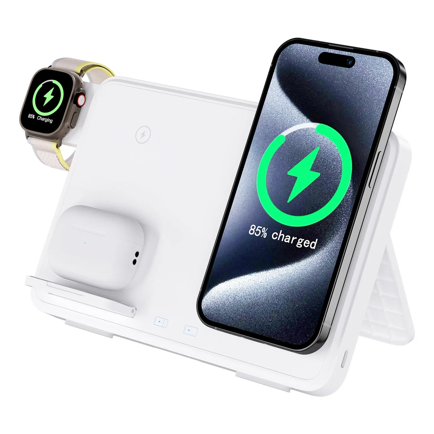 Three-in-one wireless charger in ivory white with a smartphone placed on the charging pad and magnetic support visible