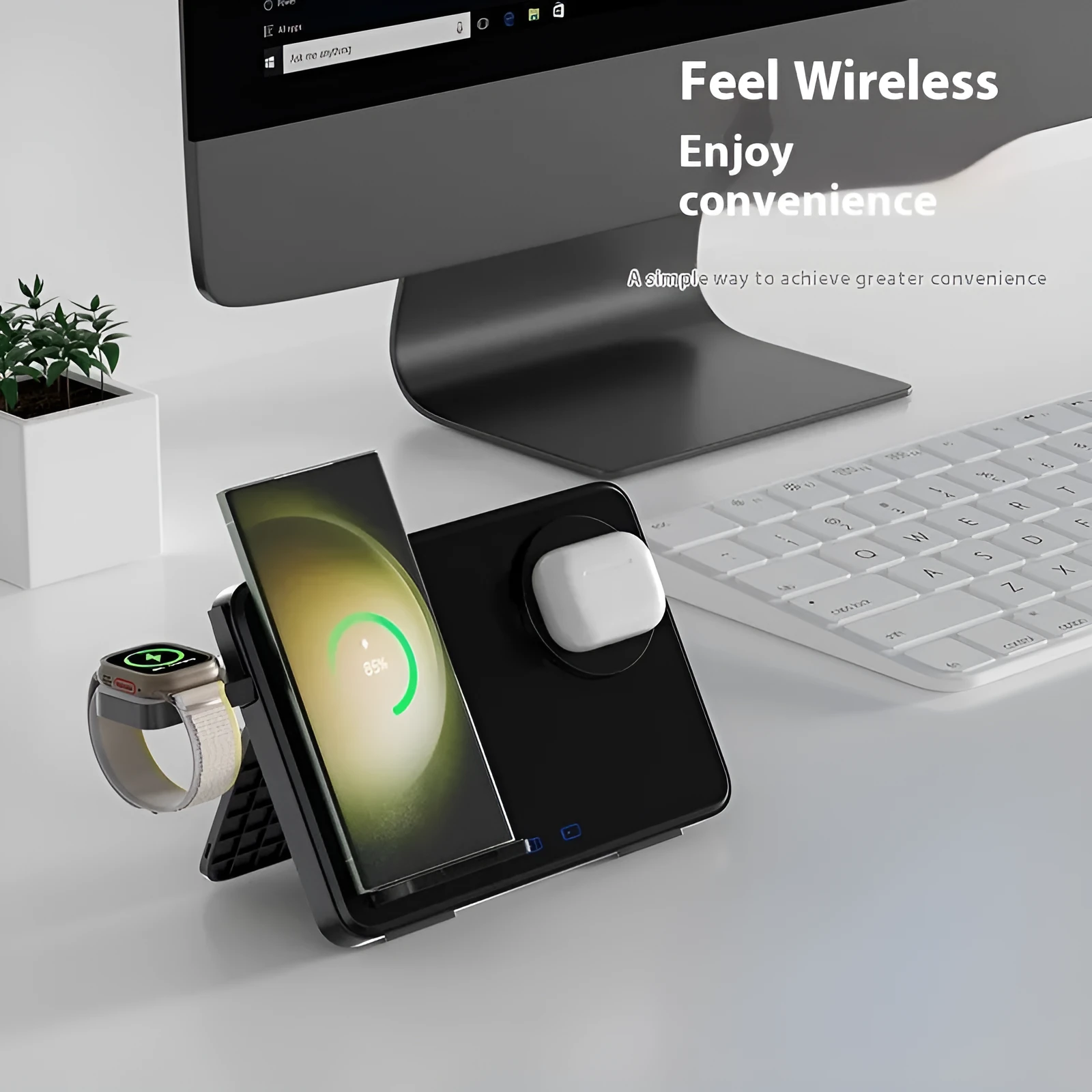 Three-in-one wireless charger in ivory white with a smartphone placed on the charging pad and magnetic support visible